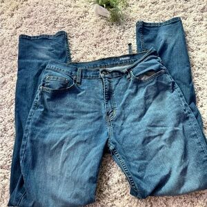 George straight leg dark blue wash light denim blue jeans,